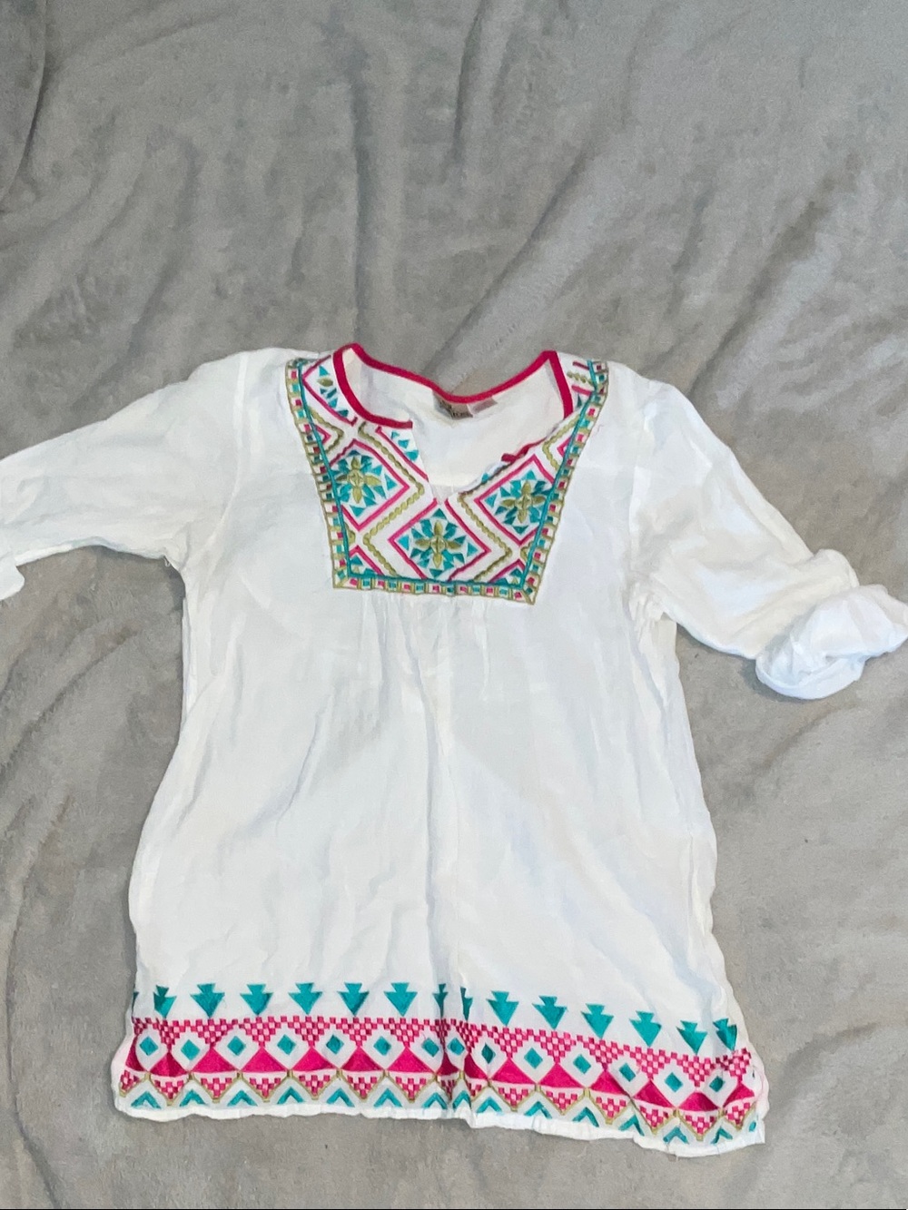 White Embroidered Boho Tunic with Pink & Teal Accents